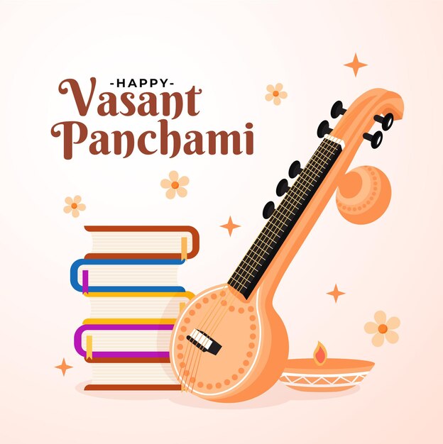 Vector vasant panchami celebration vector design with veena musical instrument decoration