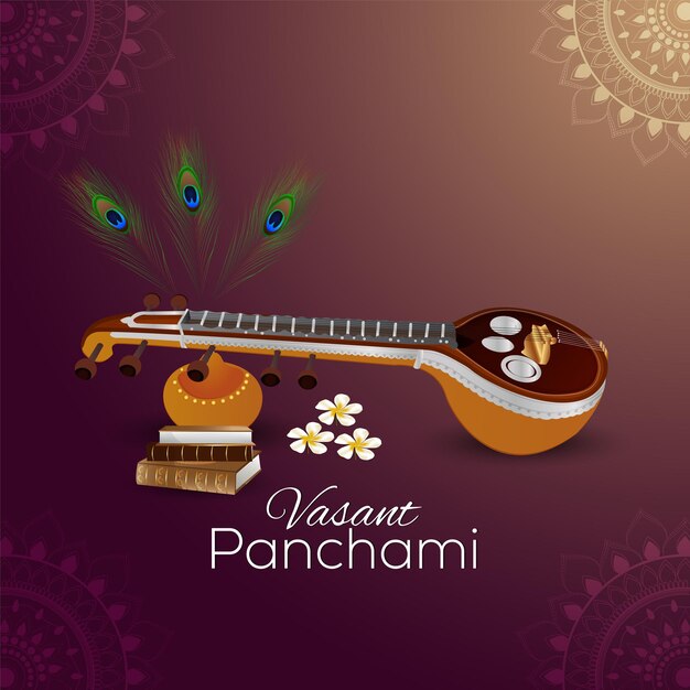 Vasant Panchami creative background with Saraswati Veena and books