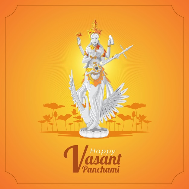 Vasant Panchami Greeting card with saraswati goddess statue