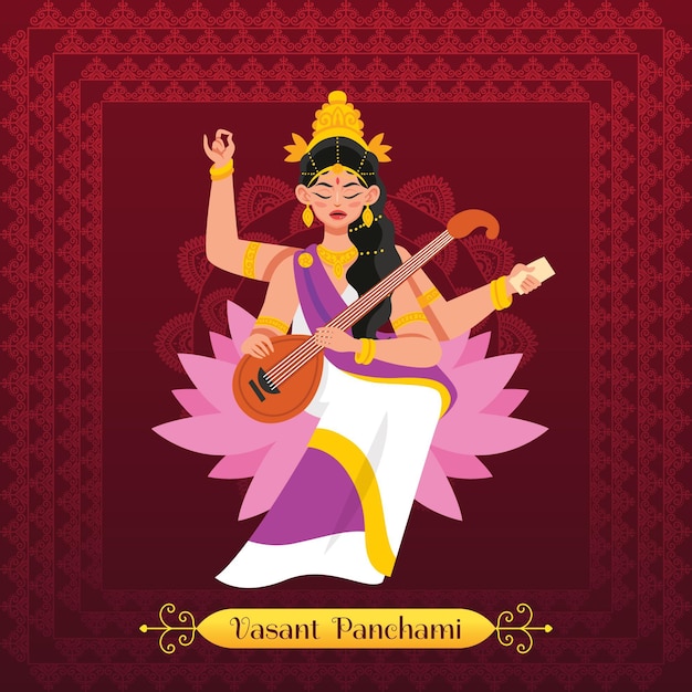 Vasant panchami illustration with saraswati goddess