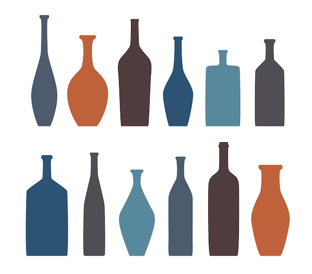 Vase and bottle silhouettes set Different jugs and vessels silhouette collection