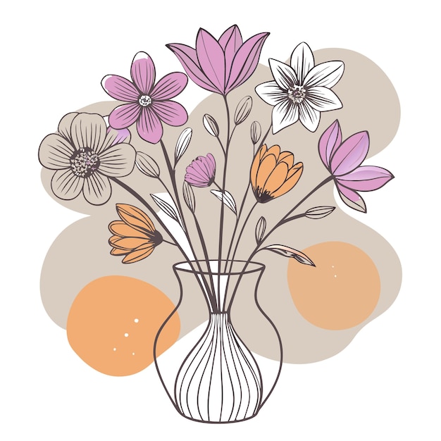 A vase filled with various colorful flowers and abstract shapes