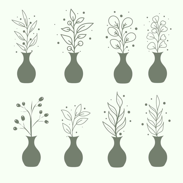 Vase Floral Flower green color hand drawn illustration