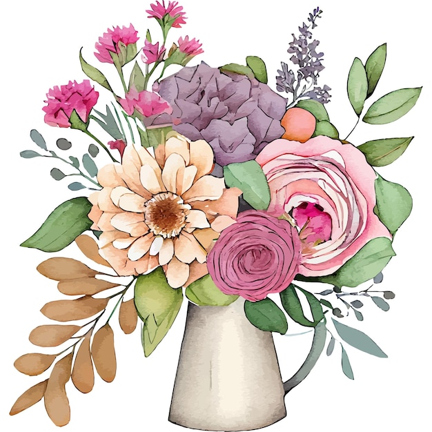 A vase of flowers is filled with flowers and leaves.