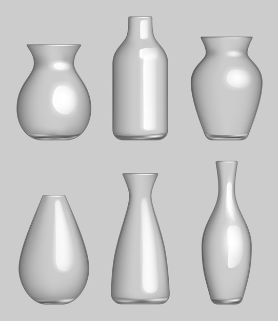 Vector vase for flowers realistic transparent vase geometric different forms containers decent vector pictures set