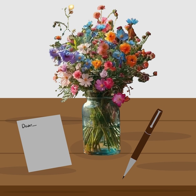 Vector a vase of flowers sits on a table with a note that says  take away