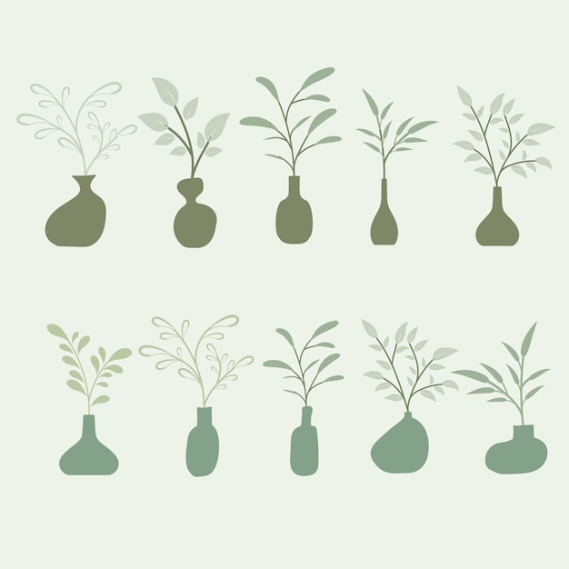 Vase and leaves green color Flat style vase minimal design