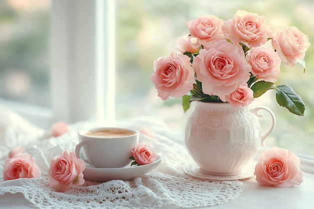 Vector a vase of pink roses with a cup of coffee next to it