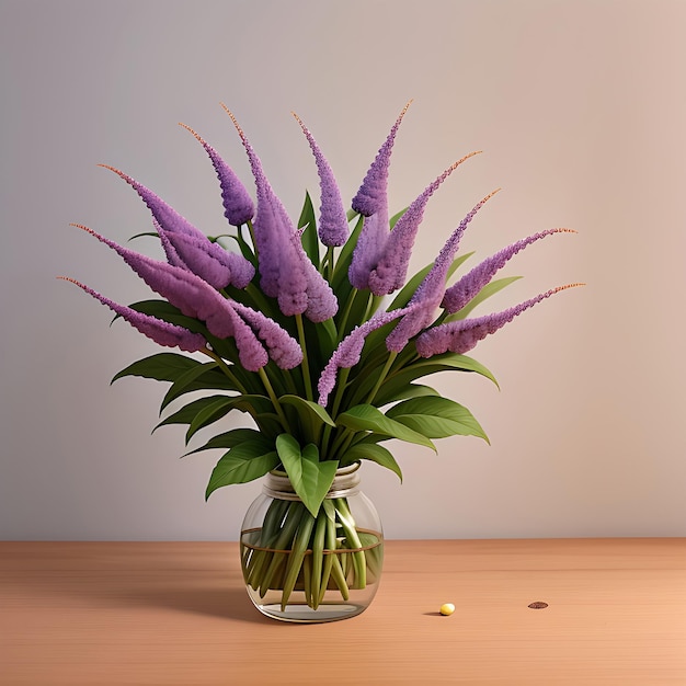 Vector vase of purple flowers on a table with a white wall behind them