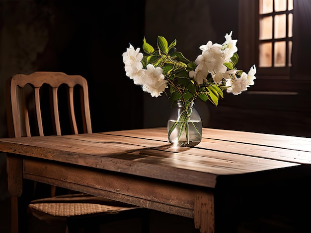 Vector a vase of white flowers sits on a wooden table