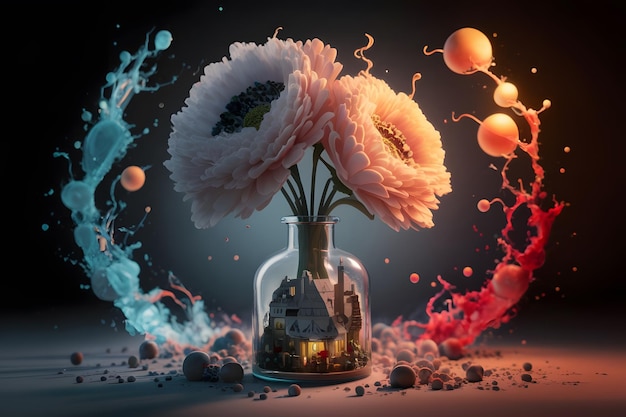 Vector a vase with flowers and a house on it