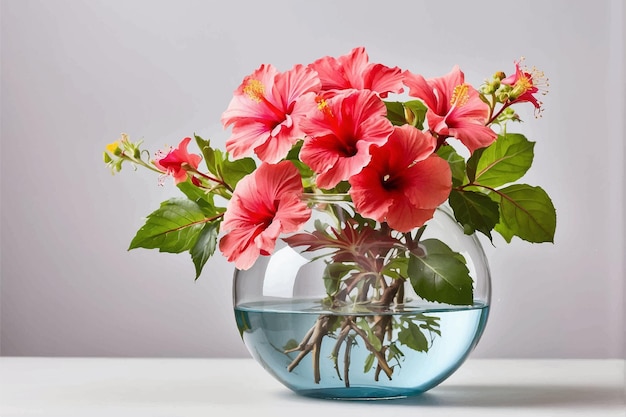 a vase with flowers and leaves in it that says hibiscus