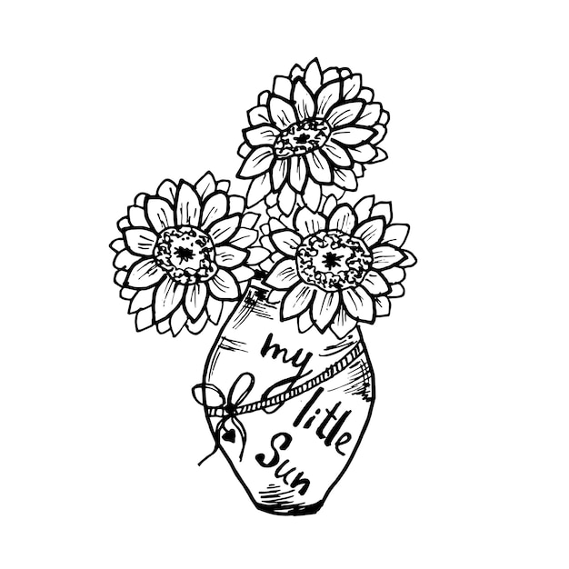 Vase with flowers of sunflowers hand drawn on white background Color bookvector illustration