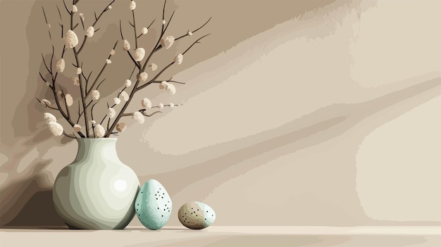 Vector vase with tree branches and easter eggs on shelf