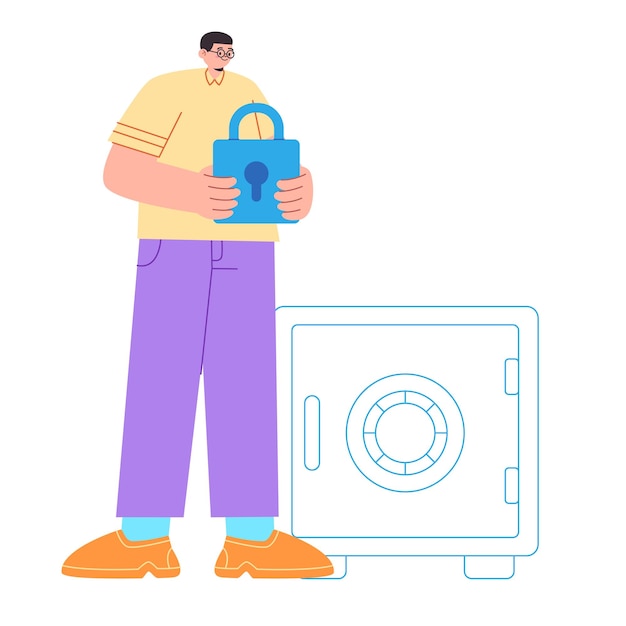 Vault safe deposit box money security man holding key lock pad casual style colorful flat illustration