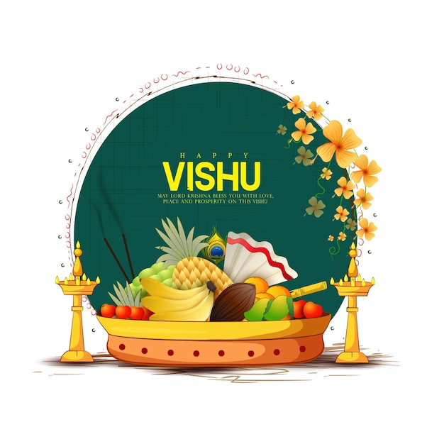 vecter sketch of Kerala festival with Vishu Kani vishu flower Fruits and vegetables in a vessel