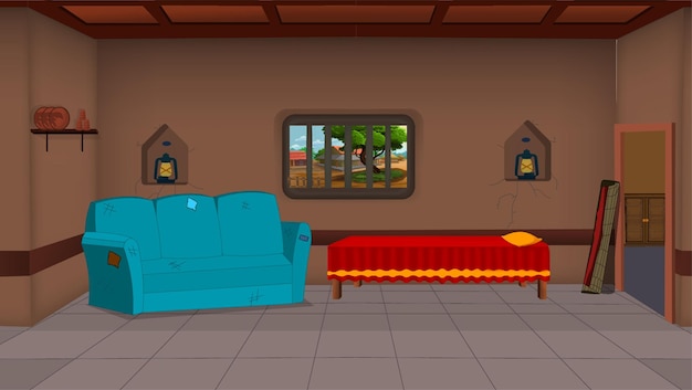 Vector vector 2d animated cartoon room background sofa indoor home house bed room interior poor