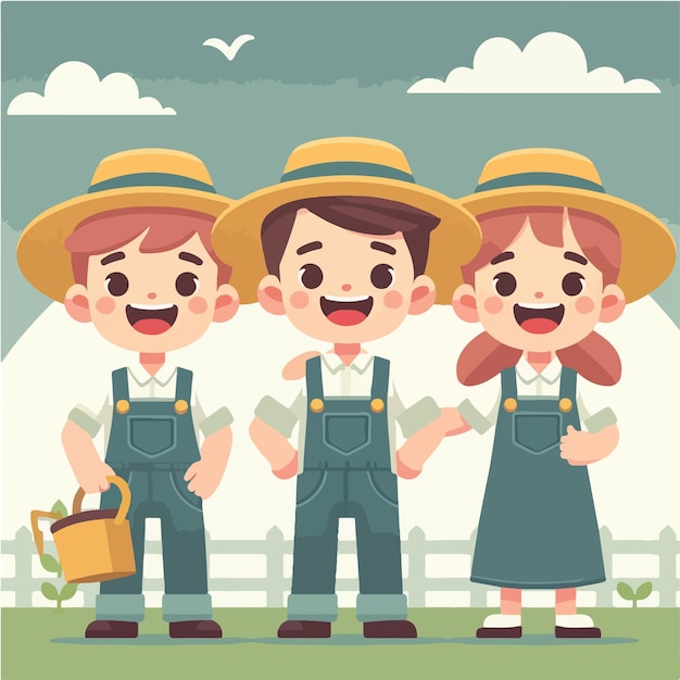 Vector vector 3 cheerful farmer characters with flat design style