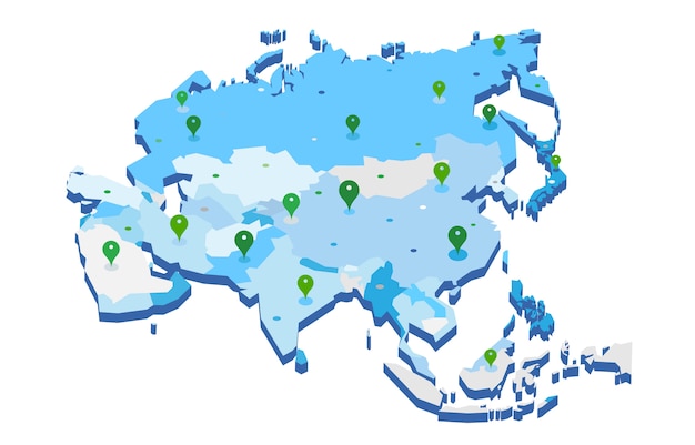 Vector vector 3d asian continent map with gps pins