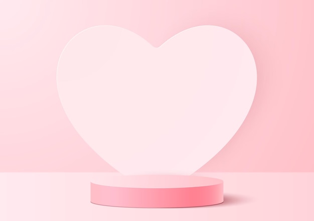 Vector 3D background with a podium on a pink background and hearts for lovers on Valentines Day