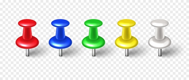 Vector vector 3d colorful push pin with shadow isolated on transparent background set realistic thumbtack