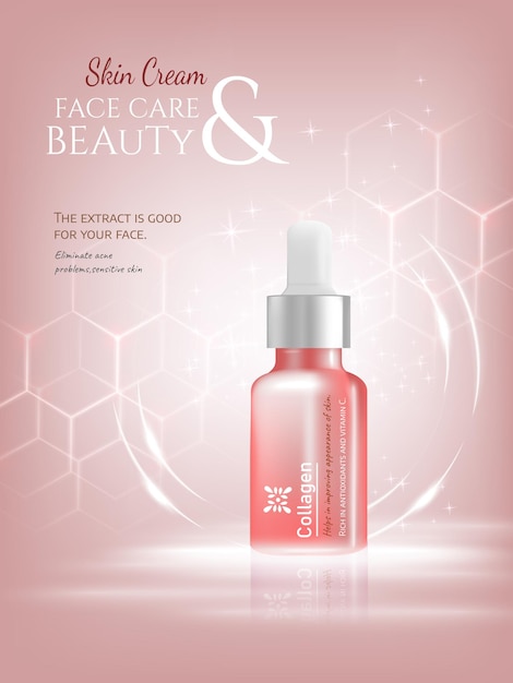 Vector 3D cosmetic illustration for the promotion of skin care premium product. Serum bottle in luxury bottle and tube on the rose gold background with Bokeh and light effect.