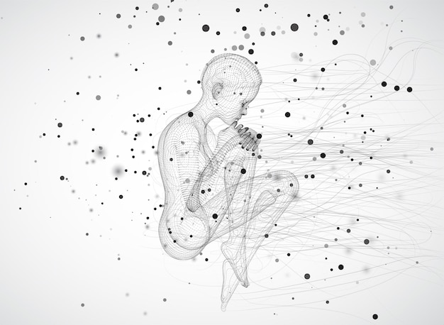 Vector 3d girl from dots and splines among wavy threads and circles