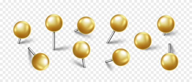 Vector vector 3d gold pin isolated on transparent background set of realistic plastic round thumbtack