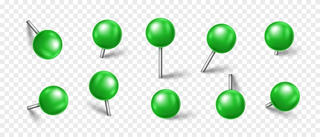 Vector 3D green pin isolated on transparent background Set of realistic plastic round thumbtack