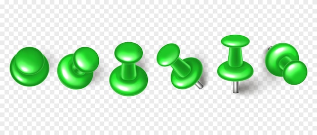 Vector vector 3d green push pin with shadow isolated on transparent background set of realistic thumbtack