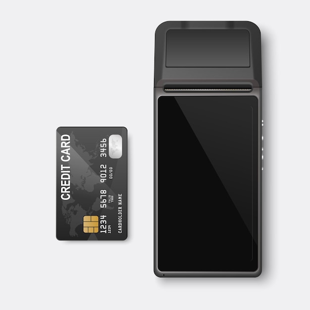 Vector 3d NFC Payment Machine and Black Plastic Credit Card Isolated Wifi Wireless Payment POS Terminal Machine Design Template Bank Payment Contactless Terminal Mockup Top VIew