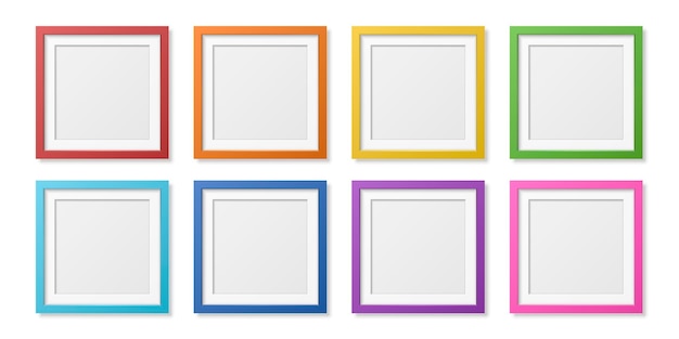 Vector 3D Reaistic Wooden or Plastic Simple Modern Minimalistic Square Colored Picture Frame Set Isolated on White Background Design Template for Mockup Presentations Art Projects Photos