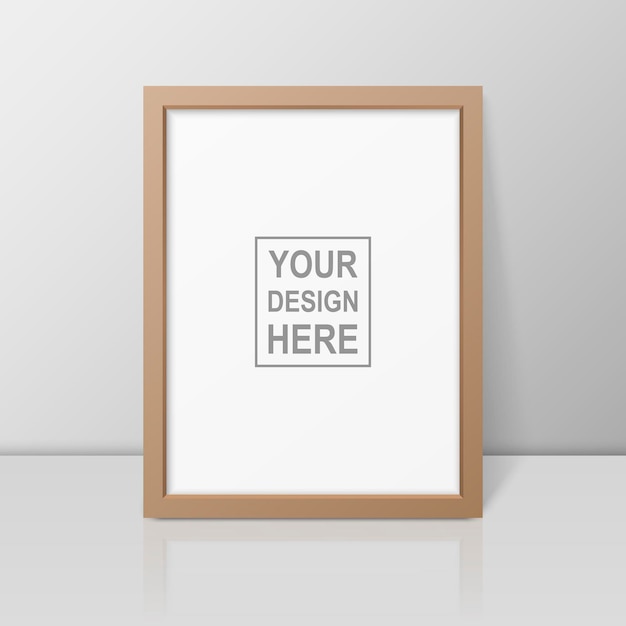 Vector 3d Realistic A4 Brown Wooden Simple Modern Frame on a Glossy White Shelf or Table with Reflection Against a White Wall It can be used for presentations Design Template for Mockup Front View