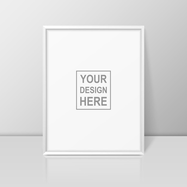 Vector 3d Realistic A4 White Wooden Simple Modern Frame on a Glossy White Shelf or Table with Reflection Against a White Wall It can be used for presentations Design Template for Mockup Front View