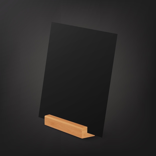 Vector vector 3d realistic black a4 a5 vertical empty blank paper sheet card on wooden holder stand icon closeup design template for mockup menu frame booklets acrylic tent card half turn side view