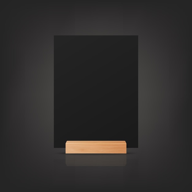 Vector vector 3d realistic black a4 vertical empty blank paper sheet card on wooden holder stand icon closeup design template for mockup menu frame booklets acrylic tent card front side view