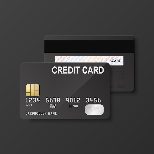 Vector 3d Realistic Black Blank Credit Card Isolated Design Template of Plastic Credit or Debit Card for Mockup Branding Credit Card Payment Concept Front and Back Side