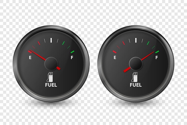 Vector 3d Realistic Black Circle Gas Fuel Tank Gauge Oil Level Bar Icon Set Isolated Full and Empty Car Dashboard Details Fuel Indicator Gas Meter Sensor Design Template