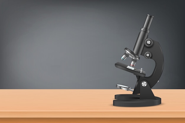 Vector 3d Realistic Black Laboratory Microscope on the Wooden Table Against the School Blackboard Background Chemistry Biology Tool Science Lab Research Education Concept Design Template