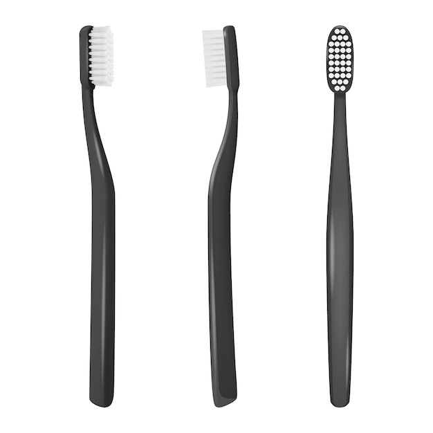 Vector 3d Realistic Black Plastic Blank Toothbrush Icon Set Isolated on White Background Design Template Mockup Dentistry Healthcare Hygiene Concept Tooth Brush in Front Top Side View