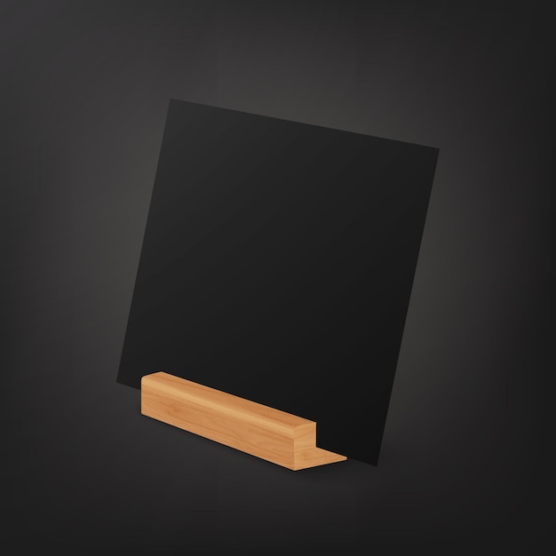 Vector 3d Realistic Black Square Empty Blank Paper Sheet Card on Wooden Holder Stand Icon