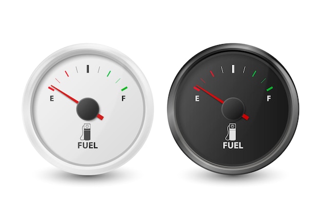 Vector 3d Realistic Black and White Circle Gas Fuel Tank Gauge Oil Level Bar Icon Set Isolated on White Background Car Dashboard Details Fuel Indicator Gas Meter Sensor Design Template