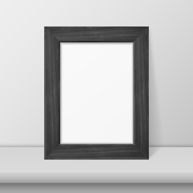 Vector 3d Realistic Black Wooden Simple Modern Frame on a White Shelf or Table and White Wall Background It can be used for presentations Design Template for Mockup Front View