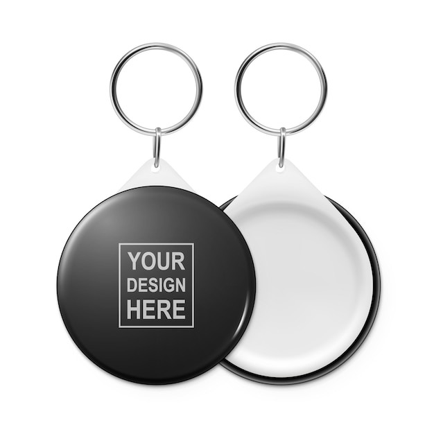 Vector 3d Realistic Blank Black Round Keychain with Ring and Chain for Key Isolated Button Badge with Ring Plastic Metal ID Badge with Chains Key Holder Design Template Mockup