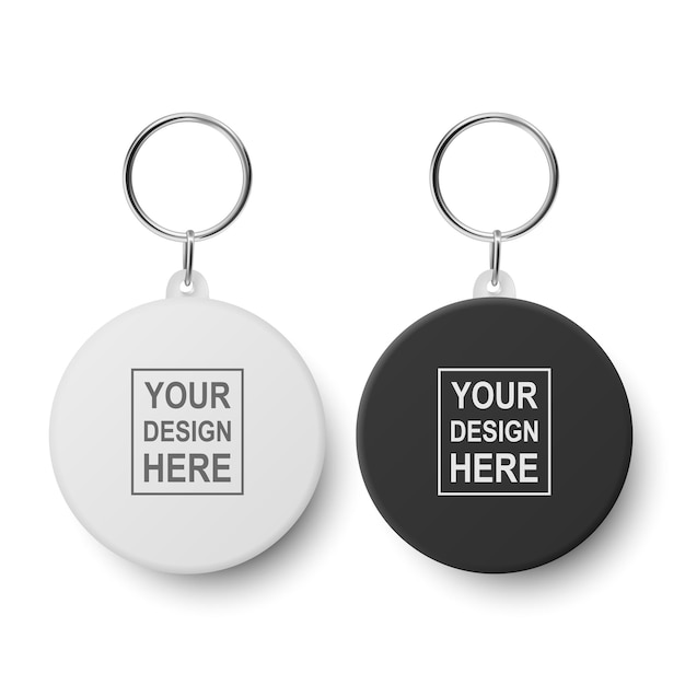 Vector 3d Realistic Blank Black White Round Keychain with Ring and Chain for Key Isolated on White Button Badge with Ring Set Plastic Metal ID Badge with Chains Key Holder Design Template Mockup