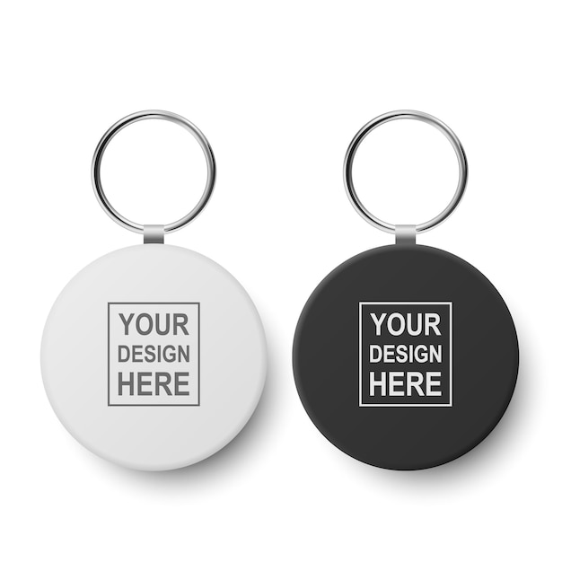 Vector 3d Realistic Blank Black White Round Keychain with Ring and Chain for Key Isolated on White Button Badge with Ring Set Plastic Metal ID Badge with Chains Key Holder Design Template Mockup