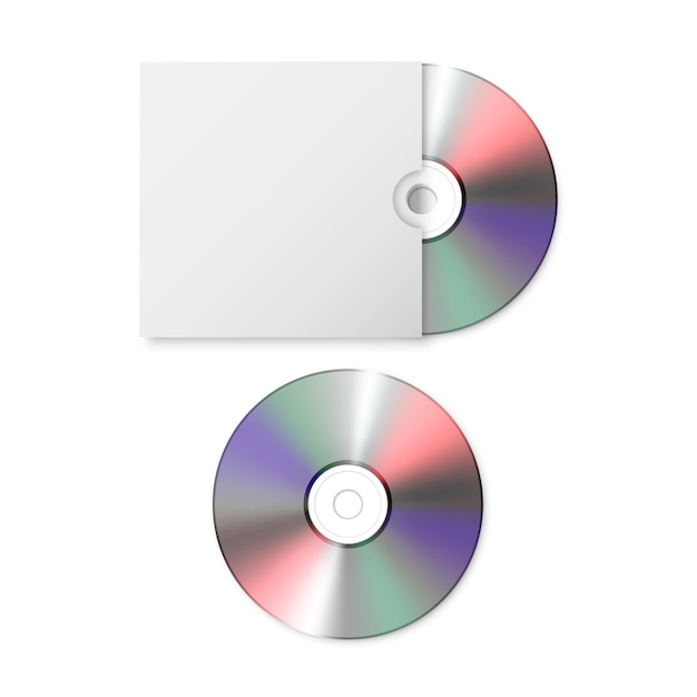 Vector 3d Realistic Blank CD DVD with Paper Cover Case Box Set Closeup Isolated on White Background Design Template for Mockup CD Packaging Copy Space Top View