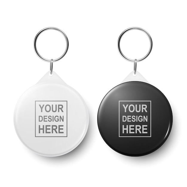 Vector 3d Realistic Blank White and Black Round Keychain with Ring and Chain for Key Isolated on White Button Badge with Ring Plastic Metal ID Badge with Chains Key Holder Design Template Mockup