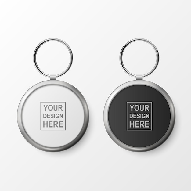 Vector 3d Realistic Blank White Black Round Keychain with Ring and Chain for Key Set Isolated Button Badge with Ring Paper Plastic Metal ID Badge with Chains Key Holder Design Template Mockup