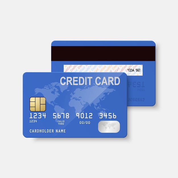 Vector 3d Realistic Blue Credit Card with Map Isolated Design Template of Plastic Credit or Debit Card for Mockup Branding Credit Card Payment Concept Front Back View